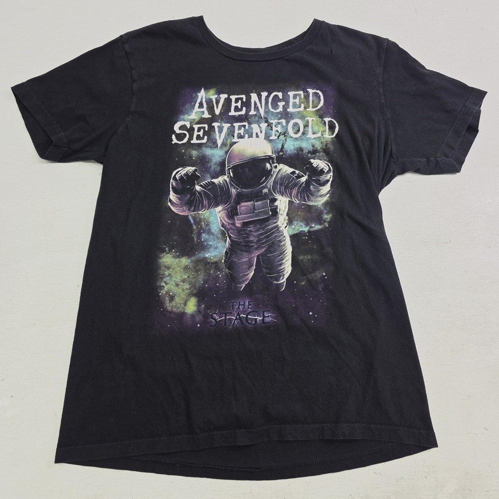 Avenged Sevenfold "The Stage" Men's T-Shirt Sz L Astronaut Black Band Tour Hole*